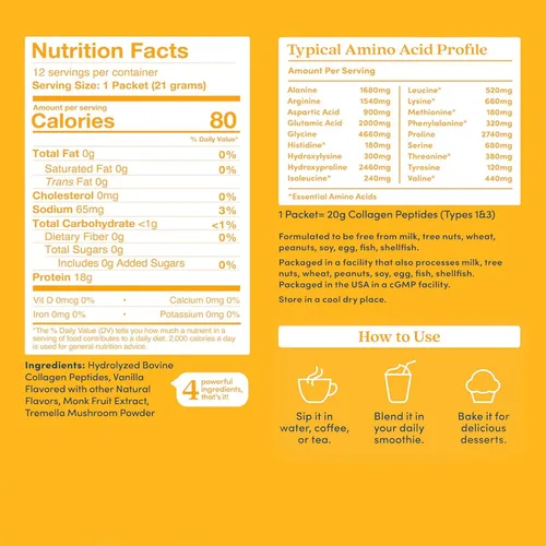 Vista 2 de Further Food - Polvo de Péptidos de Colágeno Vainilla, 12 Sobres – 100% Alimentado con Hierba, Hidrolizado Tipo 1 y 3, 20g de Colágeno por Porción