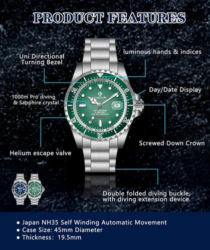 Vista 6 de ENRIVA Men's 1000m Automatic Pro Diver Watch Aluminium Bezel Diving Watches Self-Wind Professional Diver Watches for Men
