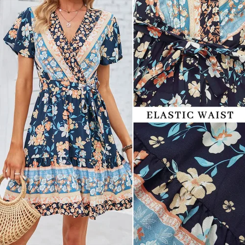 Vista 4 de ZESICA - Vestido corto con cuello en V cruzado para mujer, estampado floral bohemio, con vuelos, acampanado, vestido de verano 2024 para la playa