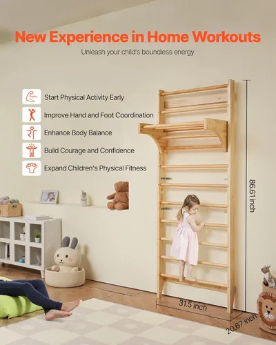 Vista 5 de VEVOR - Escalera sueca de pared, 8 en 1, barras de pared de madera maciza de 15 niveles, juego de escalada de gimnasio de selva interior de 220