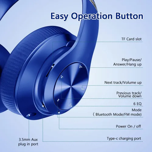 Vista 5 de 9S - Auriculares inalámbricos sobre la oreja Bluetooth, 60 horas de reproducción, estéreo Hi-Fi, 6 modos de EQ, micrófono incorporado, diseño Negro