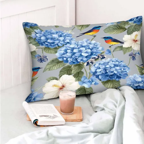 Vista 6 de Mugod Fundas de almohada decorativas para el hogar, diseño de flores de hibisco en acuarela azul, iris y pájaro, funda de cojín rectangular oblonga