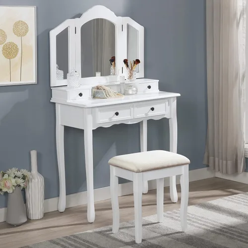 Vista 2 de Roundhill Furniture, Sanlo - Juego de tocador y banco de madera, blanco