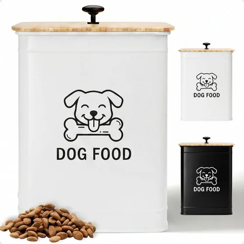 Vista 13 de Contenedor de comida de metal para perros de 5 a 7 libras, 25 tazas con tapa de bambú hermética, mango de metal Negro: Hueso