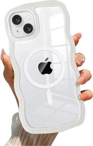 Vista 64 de QLTYPRI Funda magnética para iPhone 11 compatible con Magsafe, bonita funda transparente con marco de onda rizada para niñas y mujeres, parachoques