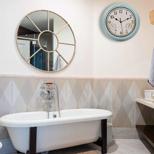 Vista 7 de Reloj de pared retro impermeable de 12 pulgadas para interiores y exteriores, con termómetro e higrómetro, funciona con pilas, reloj de pared