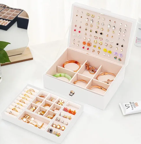 Vista 2 de QBestry Organizador de aretes para niñas, caja de joyería blanca para aretes, collares, organizador de joyas, tachuelas, caja de aretes para mujer