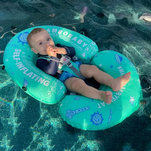Vista 7 de Flotador Mambobaby para bebé de piscina con toldo y cola Flotador portátil para bebé autoinflable, plegable, flotador de natación, cama flotante