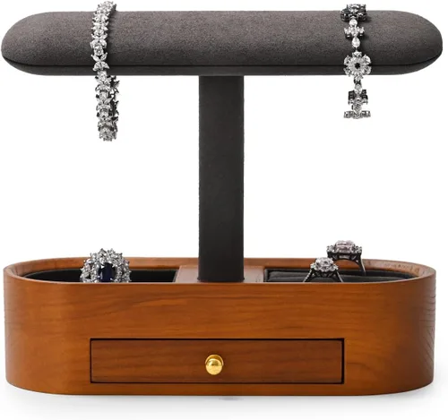 Vista 2 de Oirlv Soporte de reloj de madera maciza con cajón, soporte para reloj con barra en T, organizador para hombres y mujeres, brazalete de exhibición