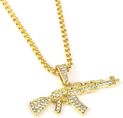 Vista 2 de HEYu jewelry Fashion Hip-Hop Gold Necklace ICED AK-47 Rifle Shape Army Style Gun Pendent Necklace For Men Women