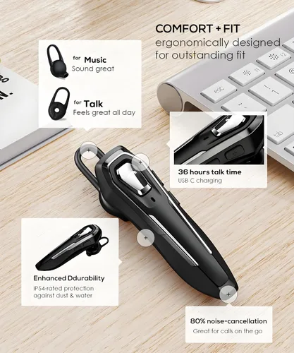 Vista 3 de Auriculares Bluetooth de un solo oído para llamadas, auricular inalámbrico con micrófono de cancelación de ruido, tiempo de conversación de 36