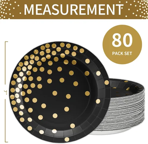 Vista 2 de DYLIVeS Plato de papel, paquete de 80 lunares negros y dorados, platos desechables de 7 pulgadas, redondo, casual, para todas las estaciones