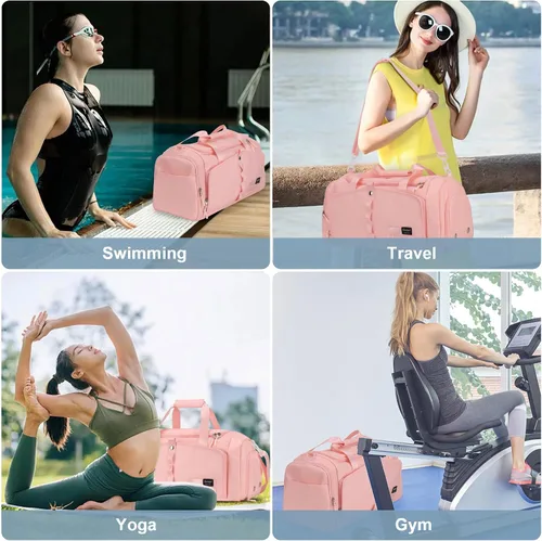 Vista 7 de Bolsa de gimnasio para mujer con compartimento para zapatos, capacidad adecuada de 25L, Rosado, Bolsa de gimnasio