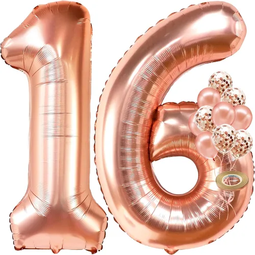 Vista 13 de KatchOn, Globo gigante de oro rosa del número 10 – 40 pulgadas Globo de oro rosa 10 con globos de confeti Decoraciones de 10 cumpleaños de oro