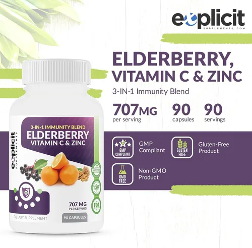 Vista 2 de Suplemento natural de baya de saúco, vitamina C y zinc, triple refuerzo de inmunidad, suministro extra fuerte para 3 meses, apoya la salud