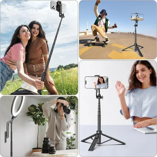 Vista 7 de Palo Selfie Trípode de Viaje para Teléfono Celular con Control Remoto y Soporte para Teléfono, Palo Selfie Extensible para iPhone, Trípode para Negro