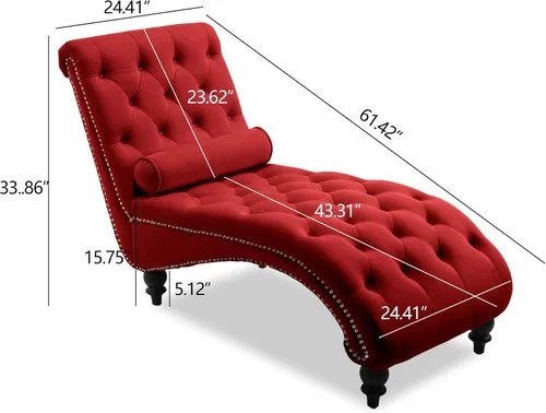 Vista 2 de Moderna tumbona de terciopelo para interiores con ribete de cabeza de clavo, sillón sin brazos con botones para interior con almohada lumbar y 4