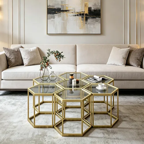 Vista 8 de Mesa auxiliar modular hexagonal, marco chapado en oro, parte superior de vidrio templado, mesa auxiliar geométrica, mesa anidable multiusos