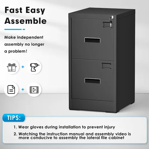 Vista 7 de Greenvelly Archivador Vertical de 18" D, Gabinete de 2 Cajones con Cerradura para Oficina en Casa, Metal Negro para Colgar Carpetas