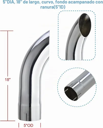 Vista 2 de Tubo de escape cromado de 5" de diámetro, 18" de longitud curvado, parte inferior acampanada con ranura