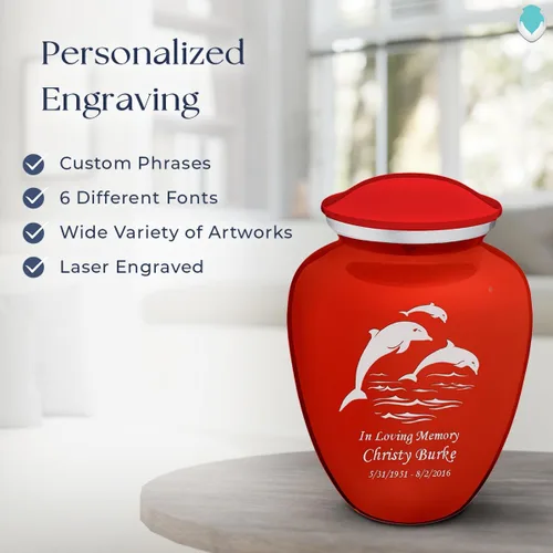 Vista 6 de Geturns Embrace - Urnas de cremación personalizadas de delfines para cenizas humanas, urna funeraria grande de color rojo brillante para mujeres
