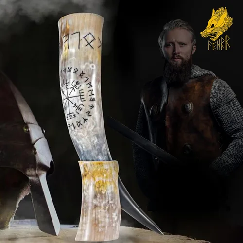 Vista 5 de FENRIR Cuerno vikingo para beber de 16 oz con soporte y abridor para cerveza, ale, mead, regalo para hombres y mujeres 100% auténtico hecho a mano