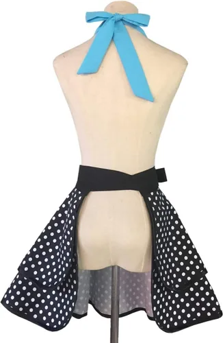 Vista 5 de Hyzrz Lindo delantal retro vintage de criada a lunares delantales de cocina para mujeres, damas y niñas (azul)