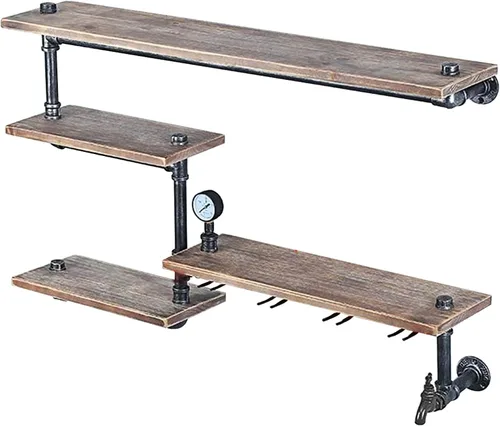 Vista 7 de Estante de vino de montaje en pared, estante industrial para vino con soporte de vidrio de 4 vástagos, estantes de bar, estante de tubo flotante