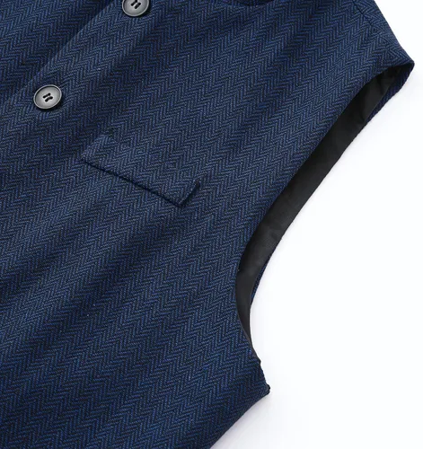Vista 4 de Cloudstyle Chaleco de traje de cuello alto mandarín para hombre, chaleco de tweed de espiga Azul marino