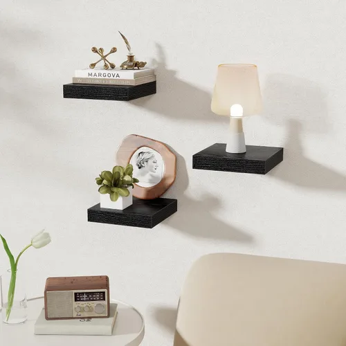 Vista 2 de Fun Memories Pequeños estantes flotantes para pared, estantes cuadrados de pared de 8 pulgadas con soportes invisibles, estantes negros para baño