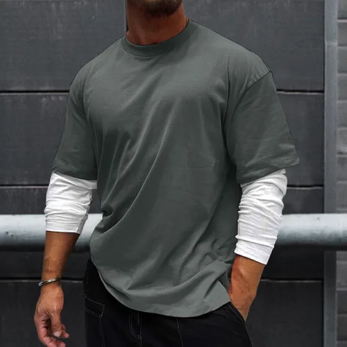 Vista 2 de Tops for Men 2023 Spring Male Casual Solid Patchwork Sleeve T Shirt Blouse Long Sleeve Round Neck Tops T Shirt