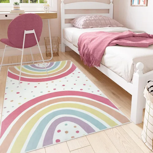 Vista 2 de STARUIA Alfombra lavable de arco iris para guardería de niñas, alfombra pequeña de 3 x 5 pies, alfombras de área coloridas para dormitorio de niños