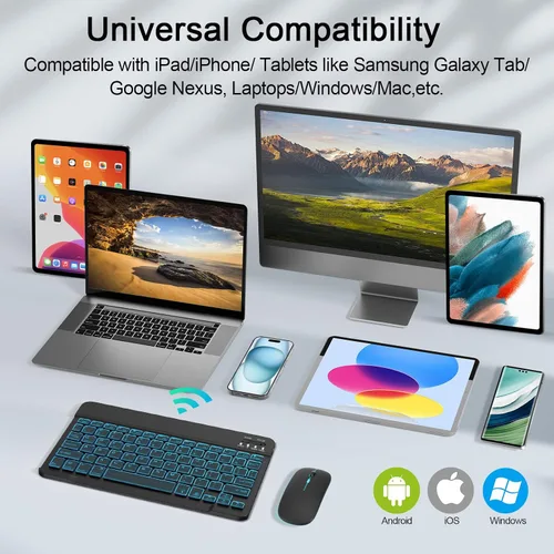 Vista 2 de Combo de teclado y mouse inalámbricos, teclado y mouse Bluetooth recargables con retroiluminación de 7 colores y receptor USB inalámbrico de 2.4
