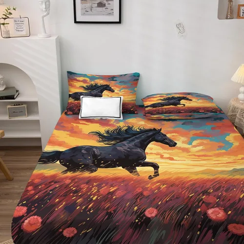 Vista 3 de Sábanas de caballo negro tamaño individual – Sábanas de cama de caballo galopante, microfibra suave, bolsillo profundo y sábanas estampadas sin
