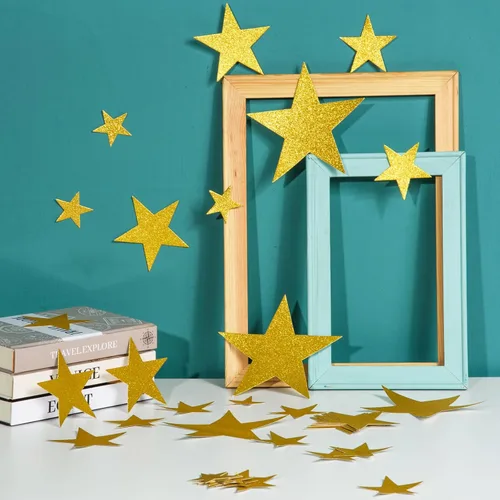 Vista 4 de 180 piezas de papel de recorte de estrella con purpurina dorada de cinco estrellas, decoraciones de confeti de estrellas doradas para tablón
