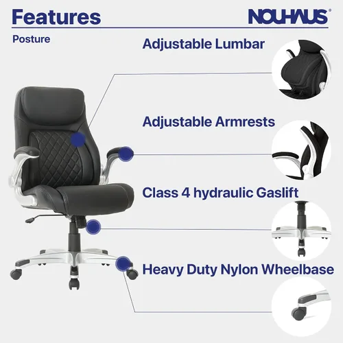 Vista 4 de Nouhaus +Posture Silla ergonómica de oficina de cuero PU. Soporte lumbar Click5 con apoyabrazos FlipAdjust. Silla ejecutiva moderna y silla de Negro
