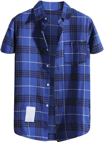 Vista 5 de Camisas de manga corta con botones para hombre, de algodón, a cuadros, ajuste regular, camisas casuales con botones y bolsillo
