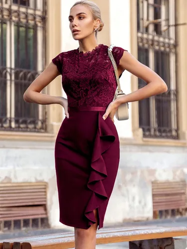 Vista 3 de Miusol vestido de cóctel corto para mujer, estilo retro y floral, con encaje y volantes
