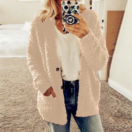Vista 2 de BAXLIMEK Cárdigan de sherpa mullido para mujer, otoño e invierno, moderno, liso, con botones, abrigos de piel mullida, chaquetas suaves de manga