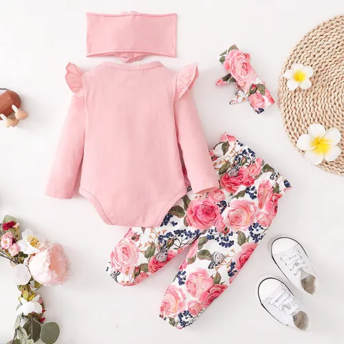 Vista 7 de Ropa para bebé recién nacida, con volantes, mameluco de algodón floral, conjunto de pantalones de algodón para niñas