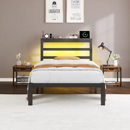 Vista 7 de E-Motie Marco de cama tamaño doble con cabecera de almacenamiento, plataforma industrial con estación de carga y luces LED, espacio