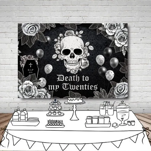 Vista 4 de MEHOFOND Telón de fondo de 7 x 5 pies de muerte a mis veinte para fiesta de cumpleaños de 30 años RIP to My 20s funeral gótico calavera rosa negra