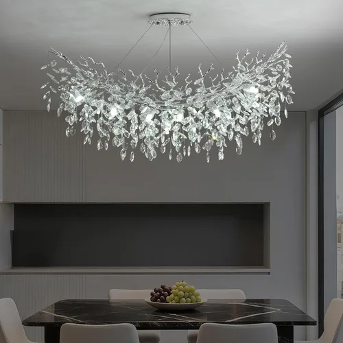 Vista 26 de Candelabro rectangular con ramas de árbol de cristal, L40 pulgadas, Mpdern de lujo cromado lineal Art Deco con forma de gota de lluvia para cocina