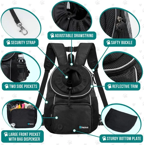 Vista 4 de PetAmi Mochila transportadora de pecho ajustable para perros y gatos, ventilada para senderismo, campamento y viajes, máximo 10 libras, negro