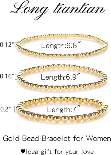 Vista 6 de Long tiantian Pulsera de cuentas de oro para mujer, pulseras apilables de cuentas doradas, pulsera elástica de 3 piezas, pulsera de cuentas