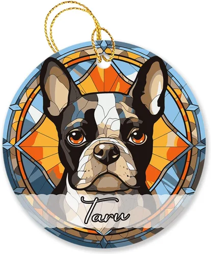 Vista 27 de Amstaff - Adornos personalizados para perros Amstaff para árbol de Navidad con nombre, adorno estilo vitral para perros, regalos para amantes