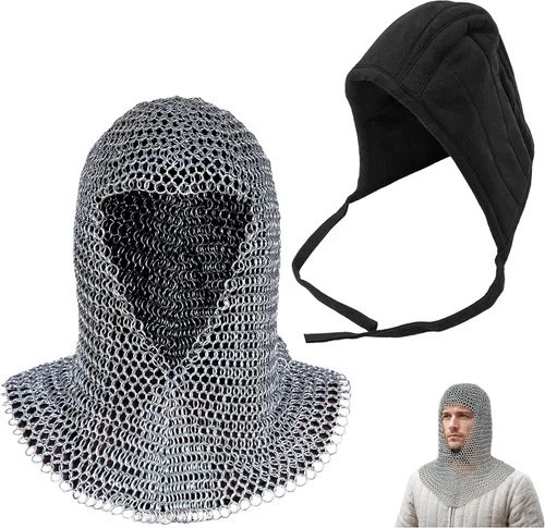 Vista 10 de Pack de Chainmail Coif y Algodón Acolchado Arming Cap Protector Under Armor Chainmail Coif Ideal para LARP, Renfair