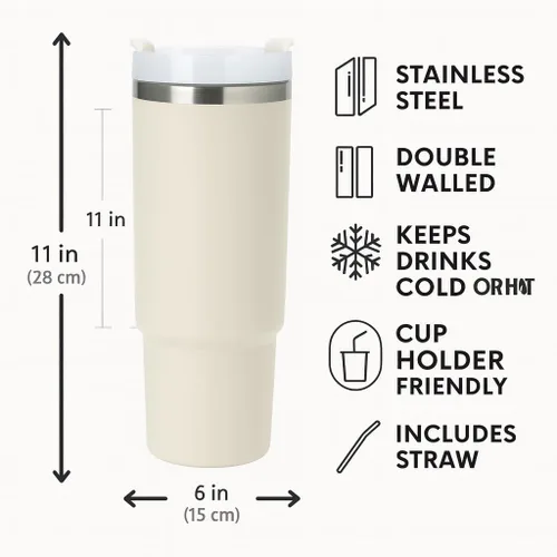 Vista 2 de Termo de acero inoxidable de 30 onzas- Taza con asa, doble pared, tapa hermetica y popote- Mantiene bebidad frias o Calientes- Beige o Negro, ideal