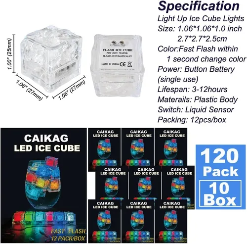 Vista 4 de Paquete de 120 cubitos de hielo iluminados, cubitos de hielo LED que brillan para bebidas con sensor de líquido, luces LED impermeables multicolor