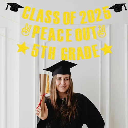 Vista 6 de Banner de 5º grado de clase de 2025, pancarta de graduación de 5º grado con purpurina dorada, decoraciones de fiesta de graduación de 5º grado 2025